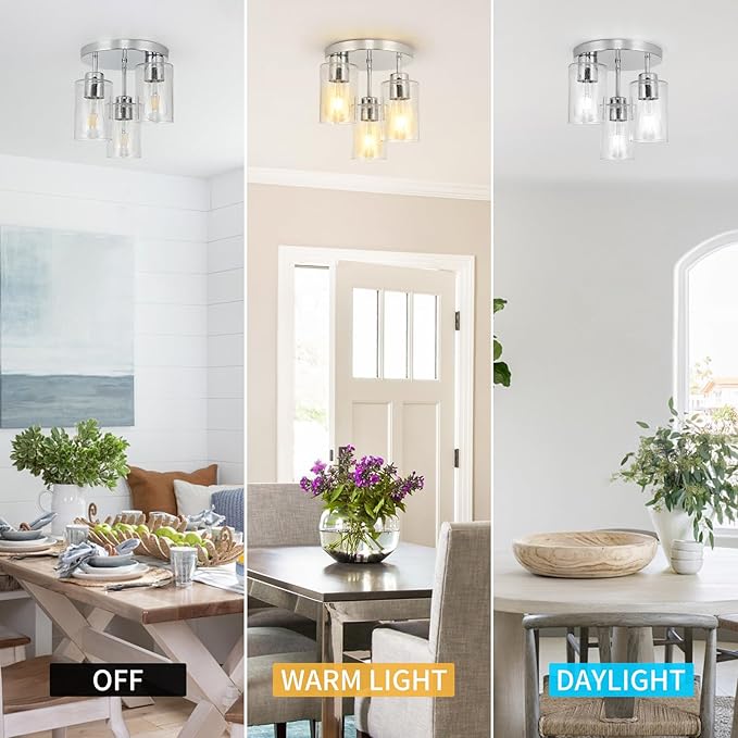 Semi Flush Mount Ceiling Light Fixture Chrome Flush Mount Ceiling Light with Seeded Glass Shades, 3-Light Modern Ceiling Light for Hallway Entryway Kitchen Island Bedroom