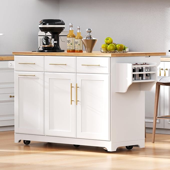JIJIWANG 59.3" Kitchen Island with Storage 2 Pull Out Cabinet Organizers & Rubber Wood Drop Leaf, Rolling Island with Trash Can Storage, Power Outlet, Spice & Towel Rack for Kitchen, Dining, White