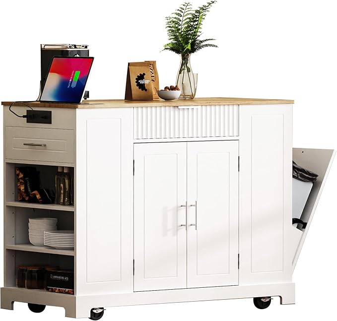 Modern Dining Table Kitchen Island with, Fluted Drawers, Power Outlet, Shelves, Mobile Rolling Cart with Trash Can Cabinet, 3 Drawers and Open Side Racks,White-MDF