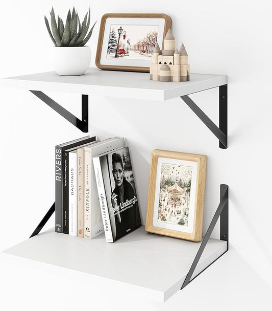 Acovy Deep Floating Shelves Wall Mounted, 16"x12" White Wall Shelves with Brackets Set of 2 for Bedroom, Living Room, Bathroom, Kitchen, Office - Storage & Display Shelf for Decor, Books, Plants