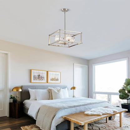 4-Light Farmhouse Chandelier for Dining Room, Modern Brushed Nickel Light Fixture,Pendant Light for Kitchen, Living Room, Hallway, Bedroom, Foyer, Stylish Home Décor