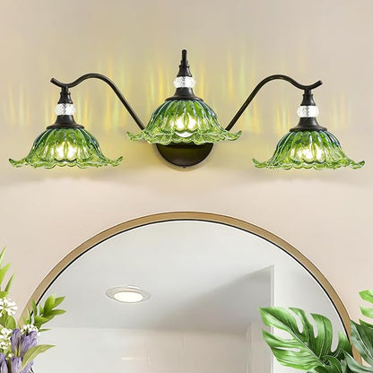 Vintage Bathroom Vanity Light Fixtures - 3 Light Antique Matte Black Bathroom Lights Fixture Over Mirror with Green Flower Glass,Retro High End Wall Mounted Vanity Lighting for Bath Powder Room
