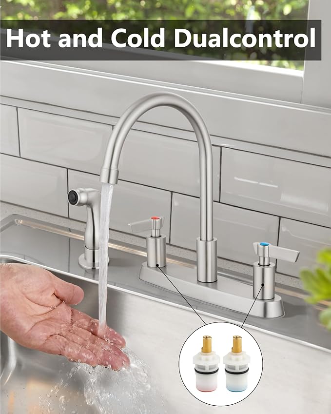 Kitchen Faucet with Sprayer 2 Handle Kitchen Sink Faucets 8 Inch Centerset 3 Hole with Supply Lines Brushed Nickel