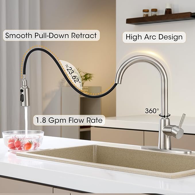 Kitchen Faucet with Pull Down Sprayer, High Arc Single Handle Brushed Nickel Stainless Steel 1 or 3 Hole Faucet for Kitchen Sink, Farmhouse, RV, Laundry, Bar, Outdoor