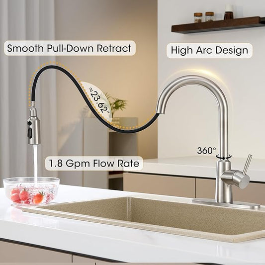 Kitchen Faucet with Pull Down Sprayer, High Arc Single Handle Brushed Nickel Stainless Steel 1 or 3 Hole Faucet for Kitchen Sink, Farmhouse, RV, Laundry, Bar, Outdoor