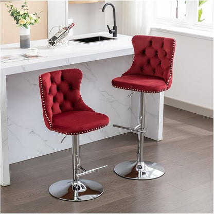 Swivel Velvet Barstools Adjusatble Seat Height from 25-33 Inch, Modern Upholstered Chrome Base Bar Stools with Backs Comfortable Tufted for Home Pub and Kitchen Island（Burgundy,Set of 2）