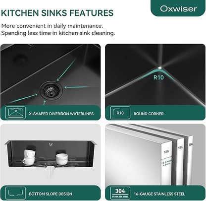 Kitchen Sink 23x18 Inch Undermount Kitchen Sink Gunmetal Black 16 Gauge Stainless Steel Single Bowl with Accessories Round Corners Handmade