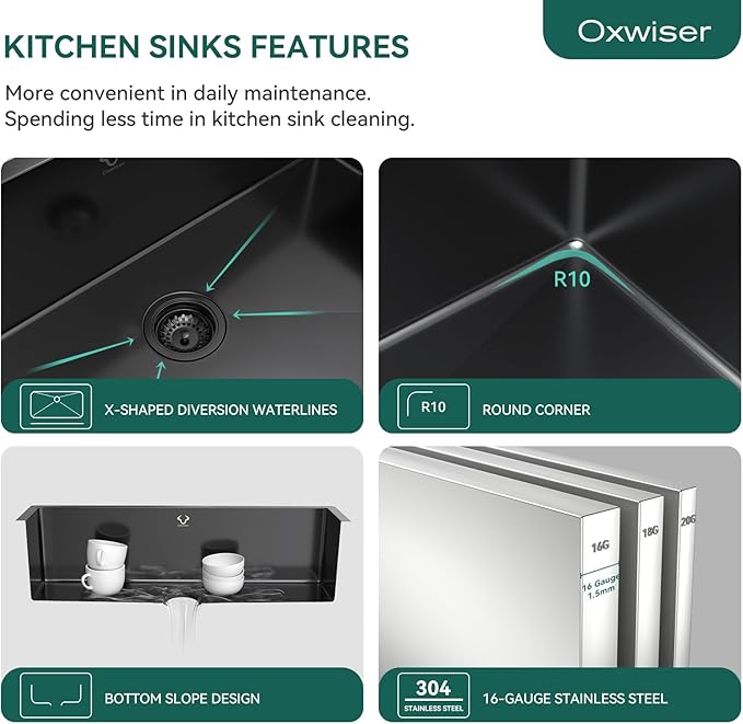 Kitchen Sink 30x18 Inch Undermount Kitchen Sink 16 Gauge Stainless Steel Single Bowl Gun Metal Black Finish with Accessories