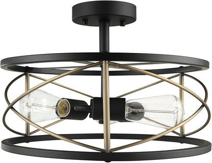 Globe Electric 60869 Denali 3-Light Flush Mount Ceiling Light, Matte Black, Brass Accents