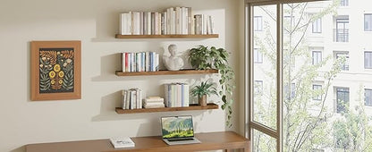 ROGMARS 36 Inches Long Walnut Floating Shelves,Rustic Solid Wood Farmhouse Wall Shelves with Invisible Brackets for Bathroom, Living Room, Bedroom, Kitchen Set of 3