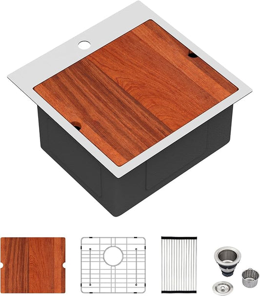 Logmey 18" Square Drop in Bar Sink,16 Gauge Heavy Duty Stainless Steel 18x18x9 Workstation Sink with Anti-Condensation & Noise Reduction for Kitchen Prep,RV,Wet Bar & Outdoor