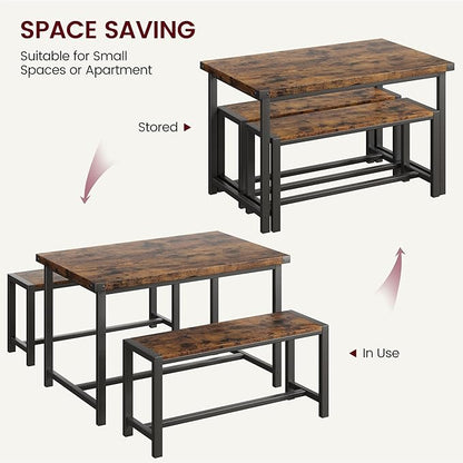 CABIHOME Dining Table Set for 4 with 2 Benches, Kitchen Table Set for 4-6 with Corner Protector, Dining Table and 2 Benches with H-Shaped Frame for Small Space, Kitchen, Apartment，Rustic Brown
