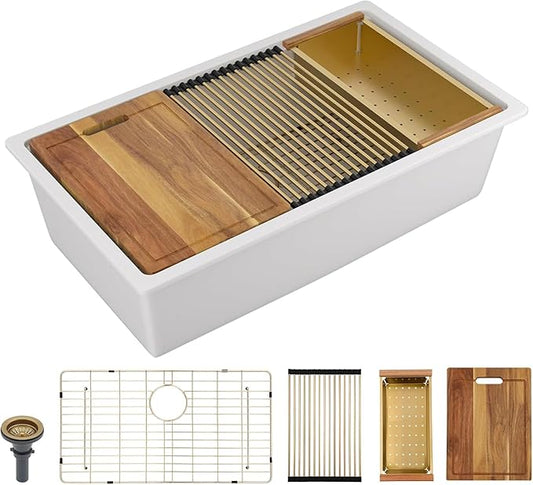 30"x19" Granite Composite Kitchen Sink - White Undermount Ledge Workstation Quartz Classic Under Counter Single Bowl Sink Basin with Gold Accessories