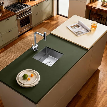 15 Inch Undermount Single Bowl Kitchen Sink, 18 Gauge 304 Stainless Steel Mini Bar Sink for Compact Kitchen & RV with X-Drain Groove & Noise Absorbing Pads,D15"xW15"xH6"