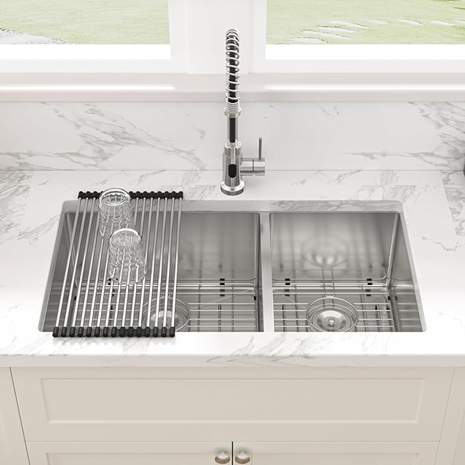 Sarlai 33 Undermount Kitchen Sink Double Bowl - 33x19 Inch Kitchen Sink Undermount 60/40 Stainless Steel 16 Gauge Round Corner Double Basin Under Counter Sinks Basin