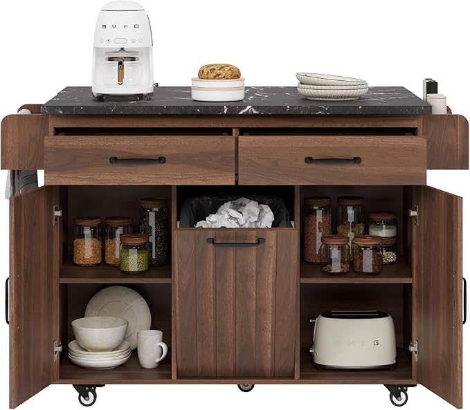 51.06" Mobile Kitchen Drop Leaf and Multipurpose Tilt-out Trash Can,Storage Cabinet w/Spice, Towel Rack & Drawer & Adjustable Shelf,Rolling Islands on Wheels, 50.25", Walnut Brown