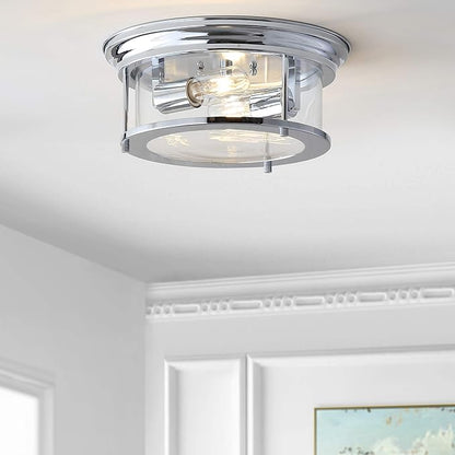 JONATHAN Y 13.25" Chrome 2-Light LED Flush Mount Ceiling Light Fixture, Modern Clear Glass Drum Shade, Industrial Farmhouse Lighting for Kitchen Hallway Bedroom (JYL7446C)