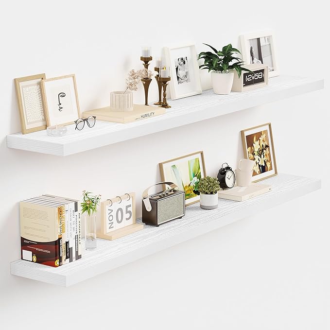 Vivelove White Floating Shelves 48 Inches Long, Wall Display Shelves with Invisible Brackets, for Bathroom Living Room Kitchen Bedroom Office Farmhouse Home Decor, 48x9.3X 1.5 - Set of 2, White