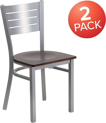 Flash Furniture 2 Pk. HERCULES Series Silver Slat Back Metal Restaurant Chair - Walnut Wood Seat