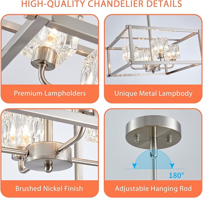 4-Light Farmhouse Chandelier for Dining Room, 15.7" Modern Brushed Nickel Ceiling Light Fixture, Adjustable Height Pendant Lighting for Kitchen, Living Room, Hallway, Bedroom, Foyer