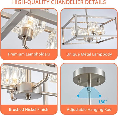 4-Light Farmhouse Chandelier for Dining Room, 15.7" Modern Brushed Nickel Ceiling Light Fixture, Adjustable Height Pendant Lighting for Kitchen, Living Room, Hallway, Bedroom, Foyer