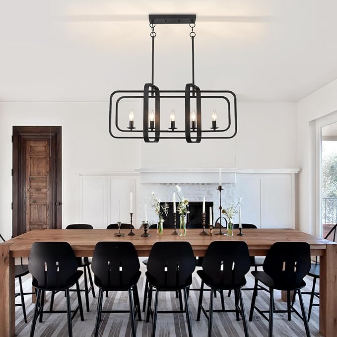 TOULMJ 5-Light Dining Room Light Fixture, 31.5" Black Farmhouse Kitchen Island Lighting Modern Linear Chandeliers for Dining Room Kitchen Island with Adjustable Rods