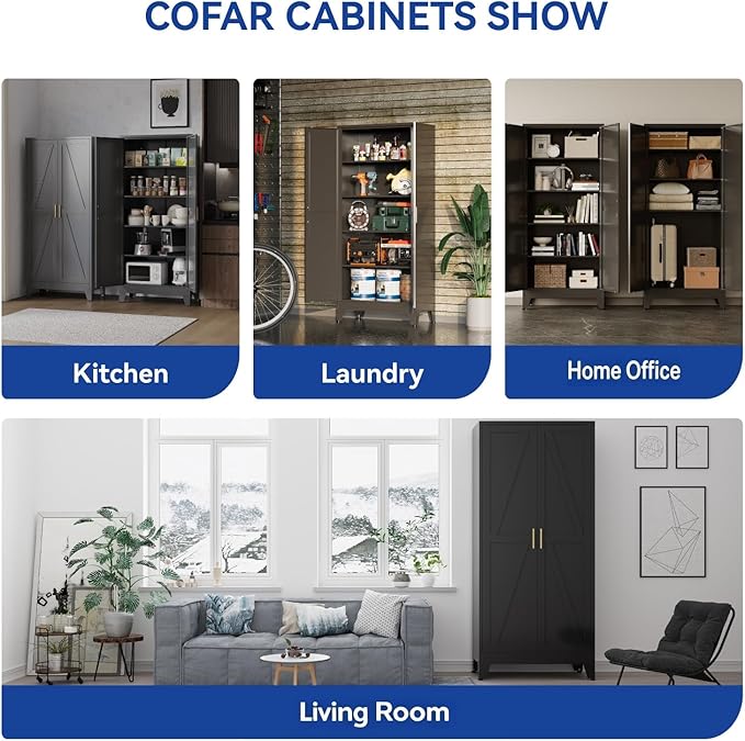 COFaR 71'' Tall Metal Storage Cabinet, Farmhouse Kitchen Pantry Cabinet with Doors and 4 Adjustable Shelves, Black Metal Cabinets for Garage, Kitchen, Bathroom, Laundry, 5-Tier
