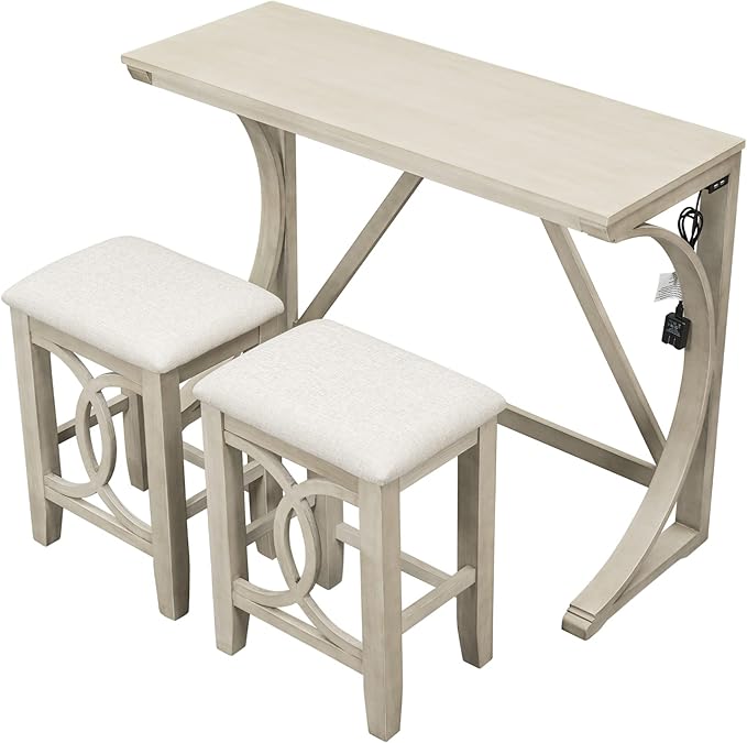 Rustic Dining Table Set, Farmhouse 3-Piece Counter Height Dining Table Set with USB Port and Upholstered Stools for Small Places (Cream/Farmhouse-A)