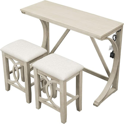 VilroCaz Farmhouse 3-Piece Counter Height Dining Table Set with USB Port and 2 Upholstered Stools, Rustic Dining Set Bar Set for Dining Room Kitchen (Cream)