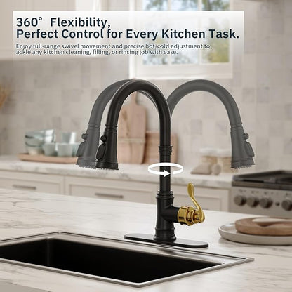 BWE Black Kitchen Faucet with Pull Down Sprayer and Gold Single Handle High Arc 3 Spray Modes Commercial Kitchen Sink Faucet Solid Brass with 10" Deck Plate for Kitchen Sink 1 or 3 Holes