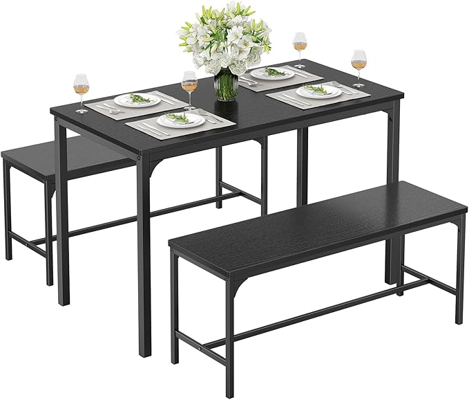 DUMOS Dining Table, Dining Table Set for 4 with Bench, Easy to Assemble Kitchen Table, Space-Saving Ideal 4-Person Set for Dining Room Kitchen Apartment Corner Dark Black 3 Pack