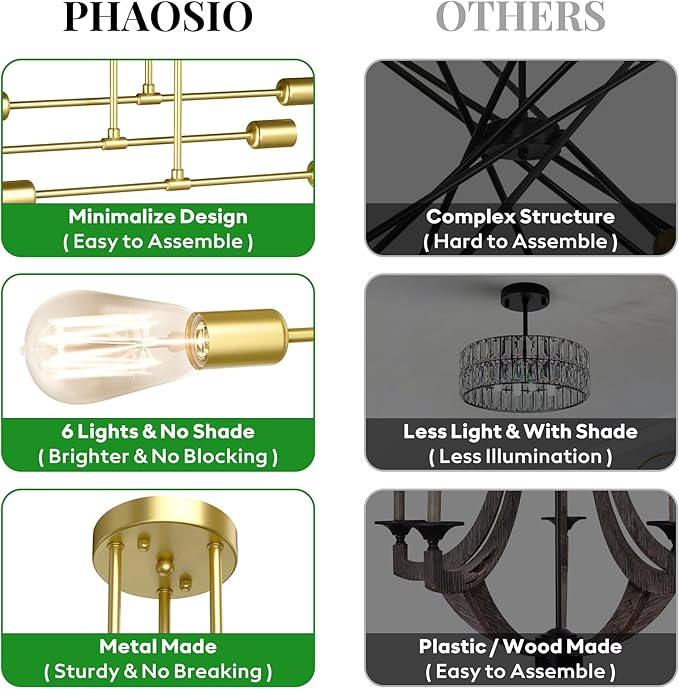 Modern Sputnik Chandelier Ceiling Light Fixtures, 6-Lights 22” Mid Century Industrial Metal Semi Flush Mount for Dining Room, Bedroom, Living Room-Brushed Gold