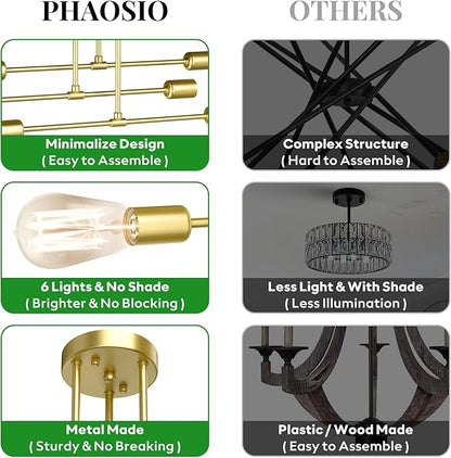 Modern Sputnik Chandelier Ceiling Light Fixtures, 6-Lights 22” Mid Century Industrial Metal Semi Flush Mount for Dining Room, Bedroom, Living Room-Brushed Gold
