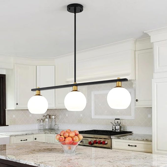 Island Lights for Kitchen Black and Gold Chandelier 3-Light Mid Century Modern Dining Room Light Fixtures Over Table with Opal Glass Shades Hanging Linear Pendant Lighting for Kitchen Island Foyer Bar