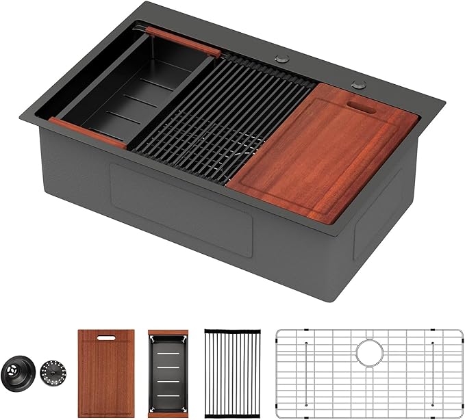Sarlai 33 Matte Black Drop-In Kitchen Sink Workstation - 33x22 Inch Drop Kitchen Sink with Ledge NANO-Tech Black Topmount Round Corner 16 Gauge Stainless Steel Single Bowl Sinks Basin