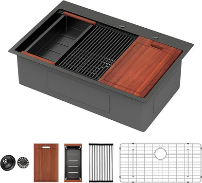 Sarlai 33 Matte Black Drop-In Kitchen Sink Workstation - 33x22 Inch Drop Kitchen Sink with Ledge NANO-Tech Black Topmount Round Corner 16 Gauge Stainless Steel Single Bowl Sinks Basin