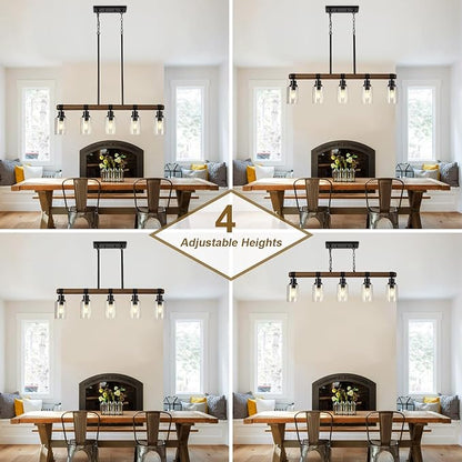 Dining Room Chandelier Over Table, 5-Light Farmhouse Kitchen Island Lighting, Matte Black Rustic Wood Chandelier with Clear Glass Shade, Ceiling Pendant Light Fixture for Kitchen