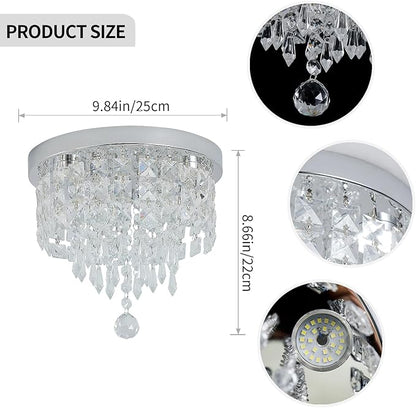Deckrico Crystal Chandelier Flush Mount Ceiling Light Chrome Modern LED Lighting Fixture for Bedroom, Closet, Bathroom, Hallway – White Light