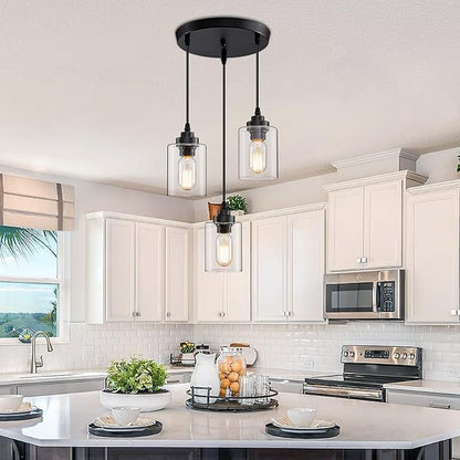 SKEJAO 3-Light Pendant Lighting,3 Pendant Light Fixture for Kitchen Island,Dining Lamp Ceiling Hanging,with Adjustable Cord and Glass Shade for Farmhouse Living Dining Room Bar,Black