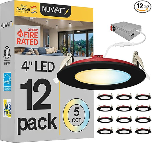 NUWATT 12-Pack 2 Hour Fire Rated Recessed Lighting, 4 Inch Wafer LED Lights, 5CCT 2700K/3000K/3500K/4000K/5000K, Wet & IC Rated, CRI90 Black Recessed Lights, 12W, Dimmable 900LM, No Tenmat Needed, ETL