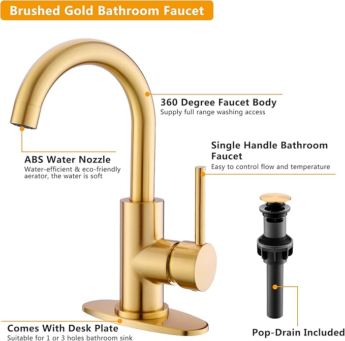 Gold Bathroom Faucets - Single Hole Waterfall Vanity Sink Faucet with Drain Assembly, Brushed Gold Waterfall Bathroom Faucets 360° Swivel Spout Vanity Faucet Single Handle Lavatory Faucets