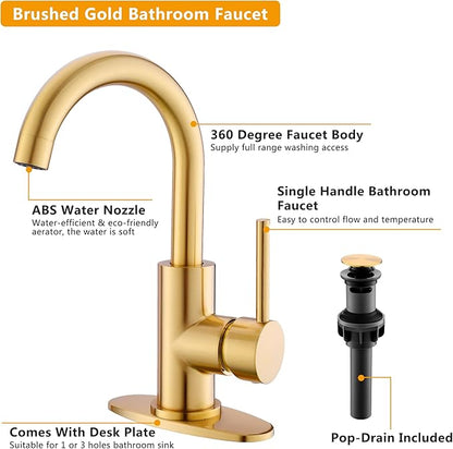 Gold Bathroom Faucets - Single Hole Waterfall Vanity Sink Faucet with Drain Assembly, Brushed Gold Waterfall Bathroom Faucets 360° Swivel Spout Vanity Faucet Single Handle Lavatory Faucets
