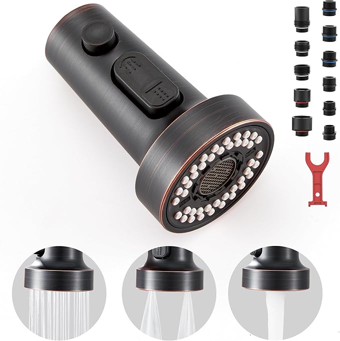 TIORIY Kitchen Faucet Head Replacement with 15 Adapters, 3 Modes Kitchen Faucet Spray Head Replacement, Pull Out Kitchen Faucet Sprayer Head Nozzle, Oil Rubbed Bronze, Plastic