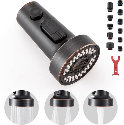 TIORIY Kitchen Faucet Head Replacement with 15 Adapters, 3 Modes Kitchen Faucet Spray Head Replacement, Pull Out Kitchen Faucet Sprayer Head Nozzle, Oil Rubbed Bronze, Plastic