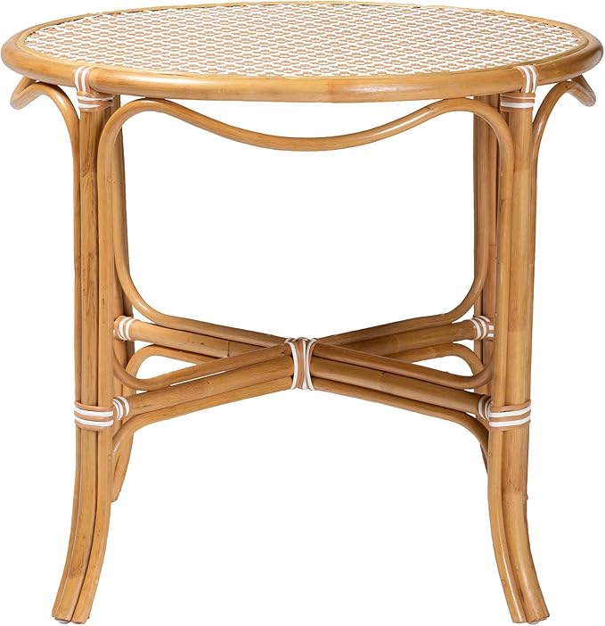 Bali & pari Mattie Natural Rattan Round Bistro Dining Table - Handwoven Cafe-Style Accent Table for Kitchen or Indoor/Outdoor Lounge, Honey Natural & White