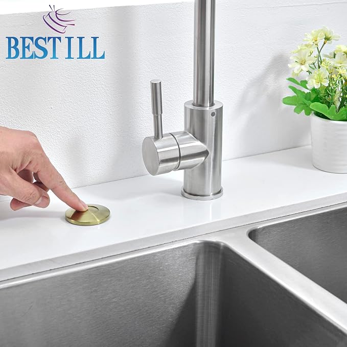 BESTILL Garbage Disposal Air Switch Kit - All Metal, UL Listed Long Push Button for Waste Disposer, Single Outlet Sink Top Solid Brass Air On/Off Button, Brushed Gold