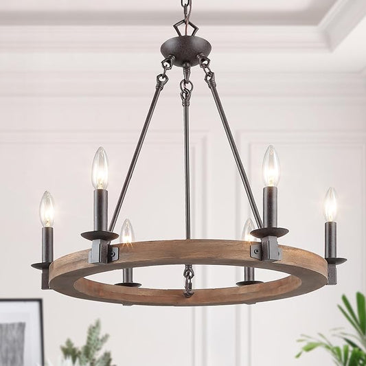 LALUZ Farmhouse Chandelier, Wood Wagon Wheel 6-Light Chandelier Light Fixture for Dining Room, Living Room, Bedroom, and Foyer