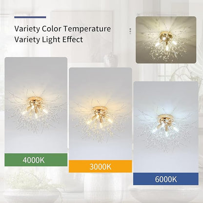 Modern Small Crystal Ceiling Light Fixture, 4-Light Gold Crystal Sputnik Firework Chandelier, Semi Flush Mount Ceiling Light Fixtures for Bedroom Kitchen Hallway Entryway Bathroom(H9.5'' x W17.7'')