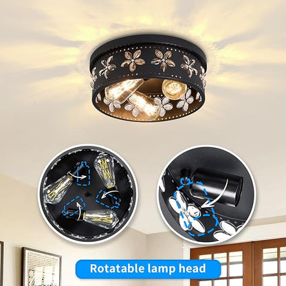 12.6 inch Black Flush Mount Ceiling Light Fixtures, 3-Light Ceiling Mount for Industrial, Crystal Light Fixtures for Farmhouse, Bedroom, Living Room, Kitchen, Hallway and Foyer (2 Pack)