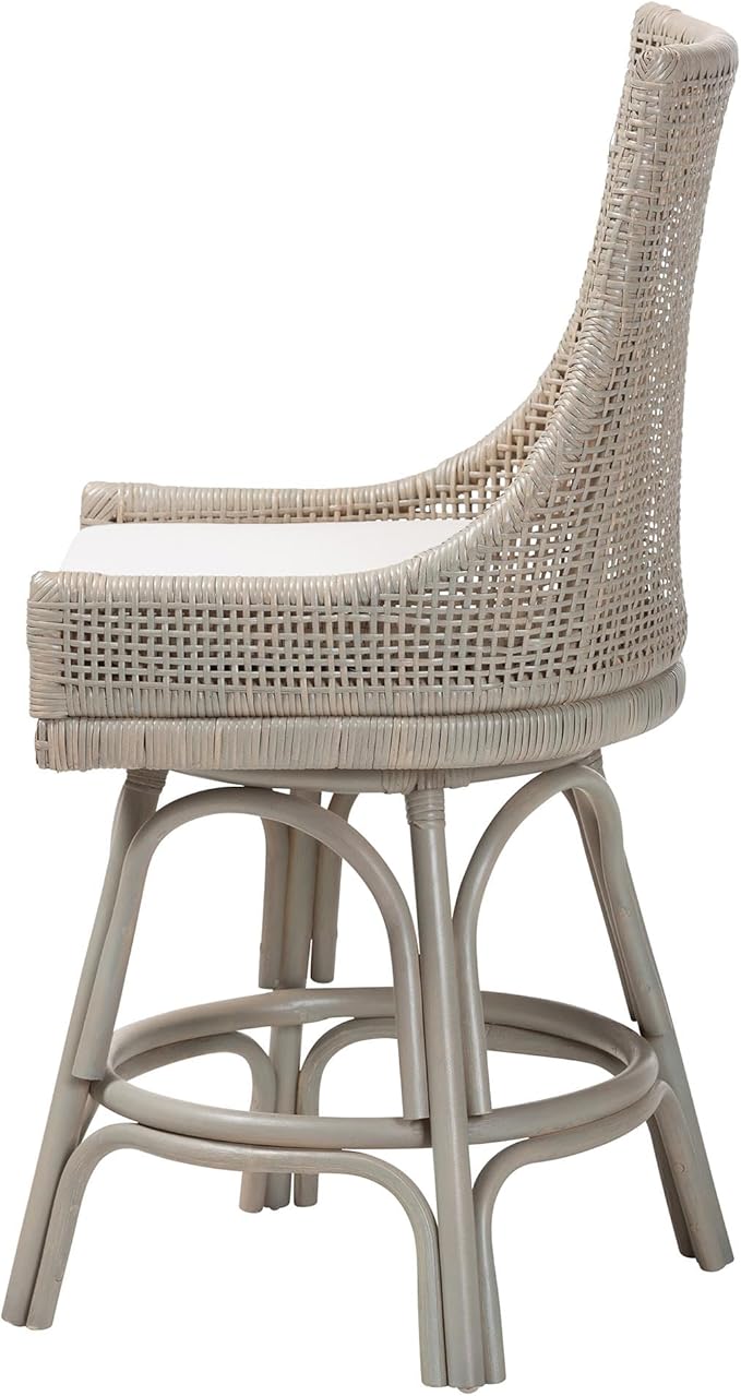 Bali & pari Bella Swivel Rattan Counter Stool with Cushion - Handwoven Wicker Kitchen Island Seating with Backrest and Footrest, French Grey